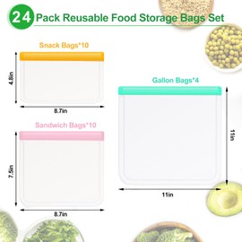 Wiederverwendbare Gefrierbeutel in Lebensmittelqualität, 24 Stück (12,7 l Beutel + 10 Sandwichbeutel + 10 Snackbeutel), wiederverwendbare Druckverschlussbeutel, BPA-frei, extra dick, auslaufsicher,