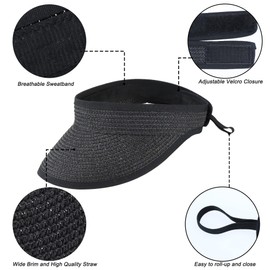 KorhLeoh Women Straw Sun Visor Cap Wide Brim Summer UV Protection Sun Beach Hat Foldable Packable Black