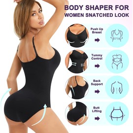 Chumian Women Shapewear Bodysuit Waist Trainer Body Shaper Tummy Control Seamless Sleeveless Tops V-Neck Shaping Leotard (Black, 3XL-4XL)
