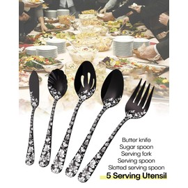 Stapava Serving Utensils Set Black, 5-Piece Large Hostess Set, Stainless Steel Flatware Serving Set, Ideal for Buffet Catering Party, Mirror Polished, Dishwasher Safe