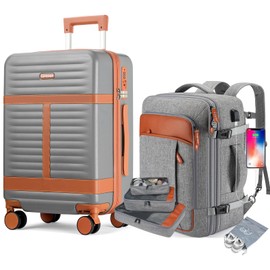 Lumesner Luggage Backpack, 20 Inch Carry On Suitcase with Spinner Wheels & TSA Lock, PC Hardside Luggage with Backpack, USB Port, Packing Cubes & Shoe Bag Included