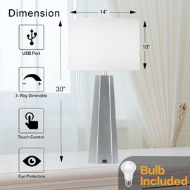 Touch Lamps for Bedrooms Set of 2, Tall 30" Table Lamp for Bedroom with USB Port & White Fabric Drum Shade, 3 Way Dimmable Touch Control Bedside Lamps, Nightstand Lamp for Office, Living Room, Bedroom