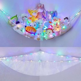 Stuffed Animals Net or Hammock Toy Storage Organizer with LED Light Unicorn Castle Hanging Corner Stuffed Animals Holder Girls Room Decor Decoration Wall Box Pet Hangable Ornaments - Color: white