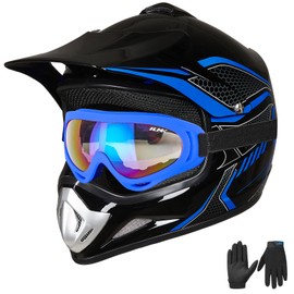 ILM Youth Kids Dirt Bike Helmet ATV Motocross DOT Off-road Street Helmet Goggles Gloves Full Face Protective Helmet Model BLD-818(Blue,Youth-Medium)
