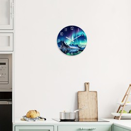 XNM Teal Landscape Wall Clock for Kitchen - 14 Inch Glass Wall Clocks Battery Operated Round - Silent Wall Clock Non Ticking