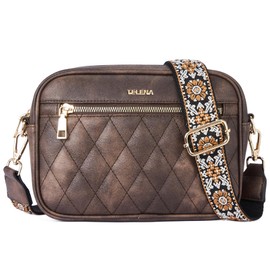Telena Crossbody bags for Women Trendy Quilted Crossbody Bag Leather Camera Bag Purse with Wide Shoulder Strap Coffee