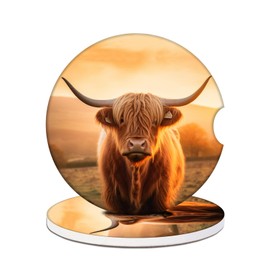 Highland Cow Cup Holder Car Coasters, Absorbent Ceramic Car Coasters for Cup Holders, Car Accessories for Women Men (2 Pack)
