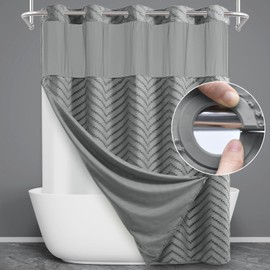 WONICY No Hook Shower Curtain with Snap in Liner, Tufted Chevron Striped Shower Curtain Set for Bathroom, Boho Waterproof and Washable Shower Curtains,71Wx77H, Grey