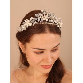 Missgrace Women Silver Faux Pearls Handmade Crystal Rhinestone Leaf Flower Headband Shinny Headpiece Bridal Wedding Hair Accessories for Women