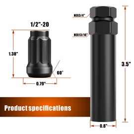 Gaemi 7/16 Lug Nuts,7/16 Spline Lug Nuts Black for Aftermarket Wheels,6 Spline Lug Nuts Set with 1 Socket Key,1.38" Tall 3/4" Hex Conical Seat 60,20 Pack