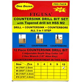 FTG USA Countersink Drill Bit Set 12 Pc #4 (7/64") Wood Countersink Drill Bit Pro Pack Countersink Set, Tapered Countersink Bit, Stop Collar, Hex Wrench, Woodworking Countersink Drill Bits