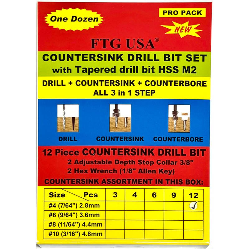 FTG USA Countersink Drill Bit Set 12 Pc #4 (7/64")