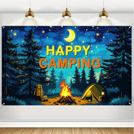 HOMETITUTE Happy Camper Banner Camping Themed Party Decorations Banner Truck Tent Forest Adventure Photography Backdrop for Kids Wall Hanging Decorations Party Supplies 71x43 Inchs