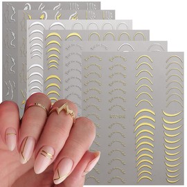 6 Sheets Shiny French Line Nail Art Stickers Decals 3D Glitter Gold Silver Curve Stripe Wave Lines Nail Designs Holographic Metallic Self-Adhesive French Nail Tips DIY Luxury Manicure Art Accessories