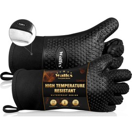 Walfos Silicone BBQ Gloves - Heat Resistant Grilling Gloves, Premium Non-Slip Kitchen Silicone Oven Mitt With Protective Cotton Layer Inside, Waterproof, Great for Grilling, Kitchen and Cooking, Black