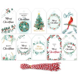 50 PCS Christmas Gift Tags with String, Decoration Tag for Christmas Tree, 10 Different Patterns Xmas Tags Label, Gift Wrapping Tags for Christmas (White)