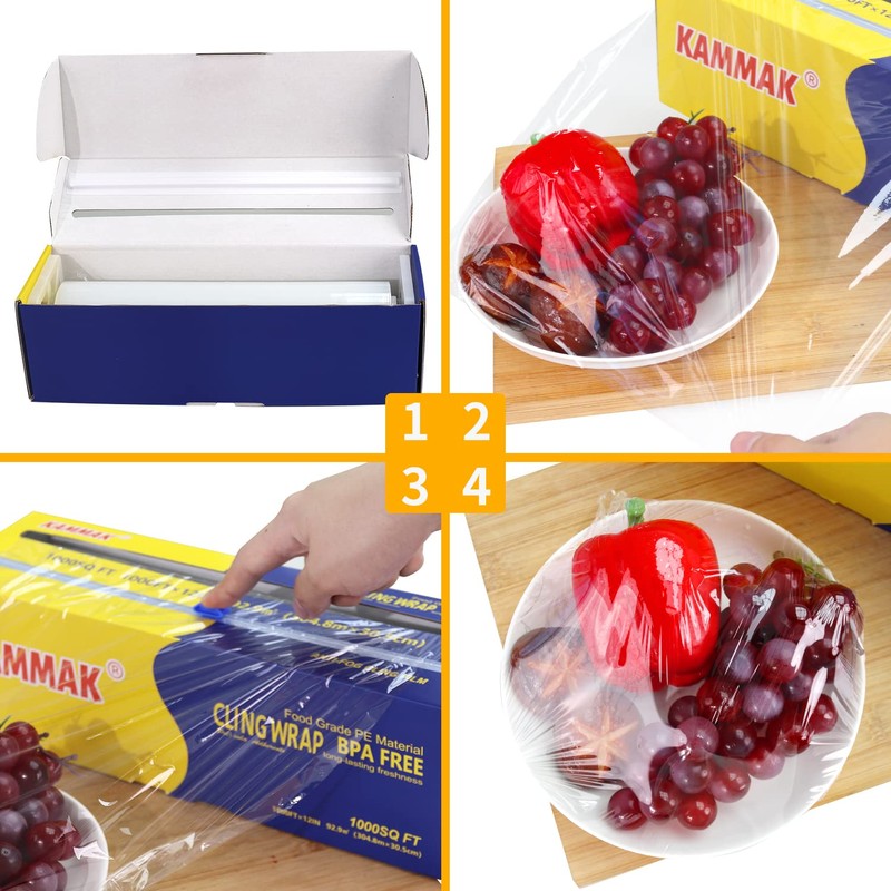 KAMMAK Plastic Wrap with Slide Cutter - 12 Inch Food