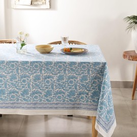 Labhanshi Indian Handblock Print Floral 100% Cotton Rectangle Table Cloth|72x108 Inch 8-Seater Rustic Farmhouse Decorative Table Cover|Thanksgiving Easter Festive Holiday Decor|Blue Bird