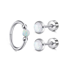 MODRSA 18g 20g Opal Earrings For Women Opal Flat Back Earrings Studs Silver Opal Cartilage Hoop Earring Cartilage Earrings Helix Hoop Earring Tragus Earring Hoop White Opal Daith Earring Hoop 10mm
