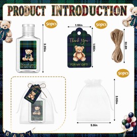 Loopeer 50 Set Tartan Plaid Bear Travel Size Hand Sanitizer Baby Shower Favor 2oz Bottle with Thank You Cards Organza Bag Jute Rope Baby Shower Bridal Showers Appreciation Gifts Bulk for Guest(Empty)