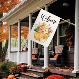 Fall Welcome Pumpkin Floral House Flag 28x40 Inch Vertical Burlap Flags Seasonal Holiday Outdoor Autumn Decor for Farmhouse Rustic Home Lawn Patio Outside Yard