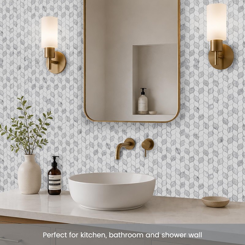 Glass Mosaic Tile Backsplash Leaf-Shape Marble Look