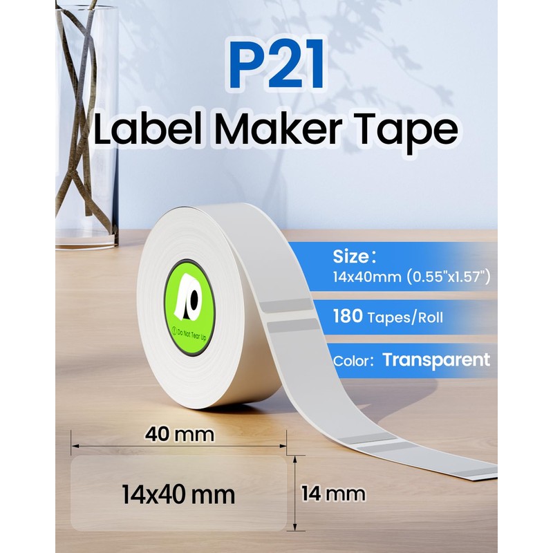 4-Rolls P21 Label Tape Transparent 180 Labels/Roll,14x40mm (0.55"x1.57"),Thermal Paper Compatible