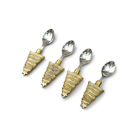 IHI EST. 1986 Holiday Christmas Tree Handle - Gold Tone 5.6 Inch Stainless Steel Dessert Coffee Espresso Spoon; Set of 4