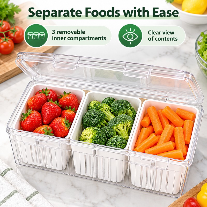 Refrigerator Food Storage Container with 3 Removable Baskets and Lid