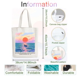 ANATTASOUL Canvas Tote Bag Sunrise and Boat Reusable Cotton Bag for Women, Durable Cloth Shoulder Bags with Zipper Pockets for Shopping, Vacation, Work, Gym