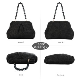 Ynport Crefreak Damen Stroh Umhängetasche Handgewebte Rattan Tragetaschen Strohhenkel Schulter Handtasche Sommer Strandtasche Clutch Geldbörse, Schwarz