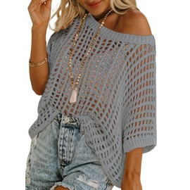 KISSMODA Casual Summer Women's Crochet Sweater - Short Sleeve Hollow Out Pullover Swimwear Cover Up for Fashion Style-Gray-S