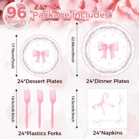 96PCS Pink Bow Paper Plates and Napkins,Coquette Bow Birthday Party Supplies,Pink Bow Party Decorations for Girl Bridal Engagement Baby Shower Tableware Dinnerware Serve 24