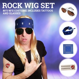 HandinHand Creations Rock Wig Set for Punk Heavy Metal Rocker Party 80's 90's Costume includesTattoos and Glasses
