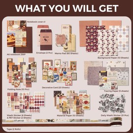 Funto Scrapbooking Kit(155 PCS), Warm Mail Series-Cocoa Brownie, Perfect for Bullet Scrapbooking Materials, Planner DIY Arts Craft Collage