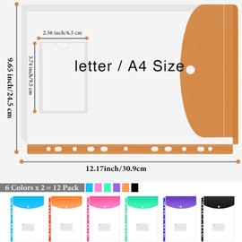 12 Pack Punched Pockets A4 Plastic Wallets Folders Wallets Plastic Document Files Popper Wallets with Button Closure and Label Pocket for Home, Office and School (12)