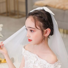 IYOU Communion Headpiece with Veil White Bowknot Hair Clips Flower Girl Birthday Wedding Hair Accessories for Flower Girls