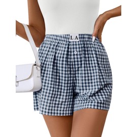 Laminbe Womens Pajama Shorts Y2k Gingham Boxer Shorts Cotton Plaid Comfy Lounge Sleepwear Bottoms L Navy Blue White