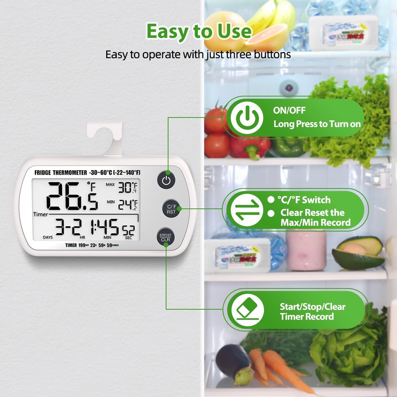 Digital Refrigerator Thermometer 2 Pack, Waterproof Fridge Thermometer, 2.25IN Large