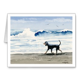 DJ Rogers Fine Art Black and Tan Coonhound at the Beach - Set of 10 Watercolor Note Cards With Envelopes