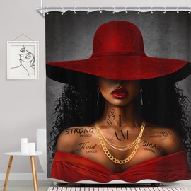 MESHELLY Red Black Girl Shower Curtain 60Wx72H African American Inspirational Quotes Shower Curtain Black Woman Shower Curtain Fashion Hat Afro Lady Modern Cool Bathroom Decor Fabric with 12 Hooks