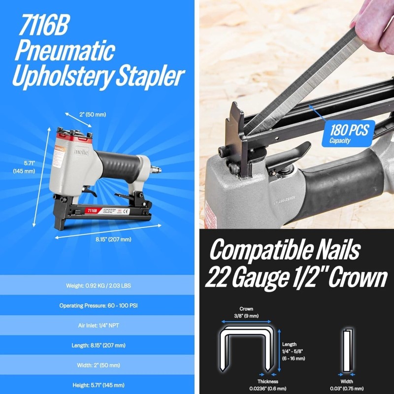 meite 7116B 22 GA3/8" Crown Pneumatic Staple Gun 1/4"- 5/8"Upholstery