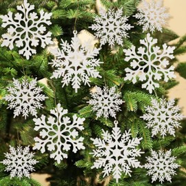 ERBO Pack of 24 Snowflakes Christmas Decoration, Christmas Tree Decoration, White, Tree Decoration, Christmas, Glitter Snowflakes Pendant for Christmas Decoration, Window Decoration, Christmas Tree