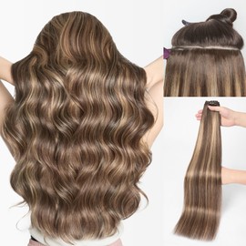 LUVME Invisible Clip in Hair Extensions Real Human Hair, 22 inch 110g 6Pcs, Natural Chestnut Brown Highlights Human Hair Extensions Clip ins for Women, Natural Seamless Straight Human Hair