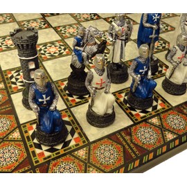 Medieval Times Crusades Warrior Chess Set Blue & White Maltese Cross with 17" Mosaic Design Board