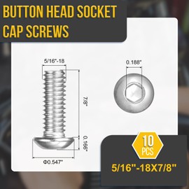 DTGN 5/16"-18x7/8 Button Head Socket Cap Screws - 10Pack - Good for Road Bicycle, Mountain Bike, Auto, Motorcycle - 304 Stainless Steel Whitewashed - Hex Socket Drive Fasteners