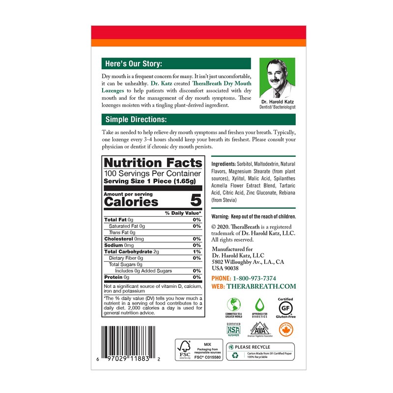 TheraBreath Dry Mouth Lozenges with ZINC, Tart Berry Flavor, 100