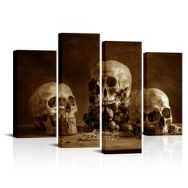 LyerArtork 4 Pieces Large Skull Wall Art Canvas Prints Sepia Human Head Skeleton Garlic Picture Brown Vintage Rustic Gothic Art Wall Decor for Home Boys Room Bedroom Living Room Ready to Hang