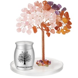 ChoiHeiy Mini Urn For Human Ashes with Colorful Crystal Tree Decoration, Stainless Steel Small Urn for Human Ashes, Memorial Cremation Keepsake, Inscribed on the product: In Loving Memory, Pink