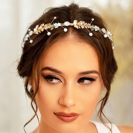 Formery Pearl Flower Headband Gold Leaf Rhinestones Hairband Wedding Party Prom Handmade Crystal Headpiece for Women and Girls